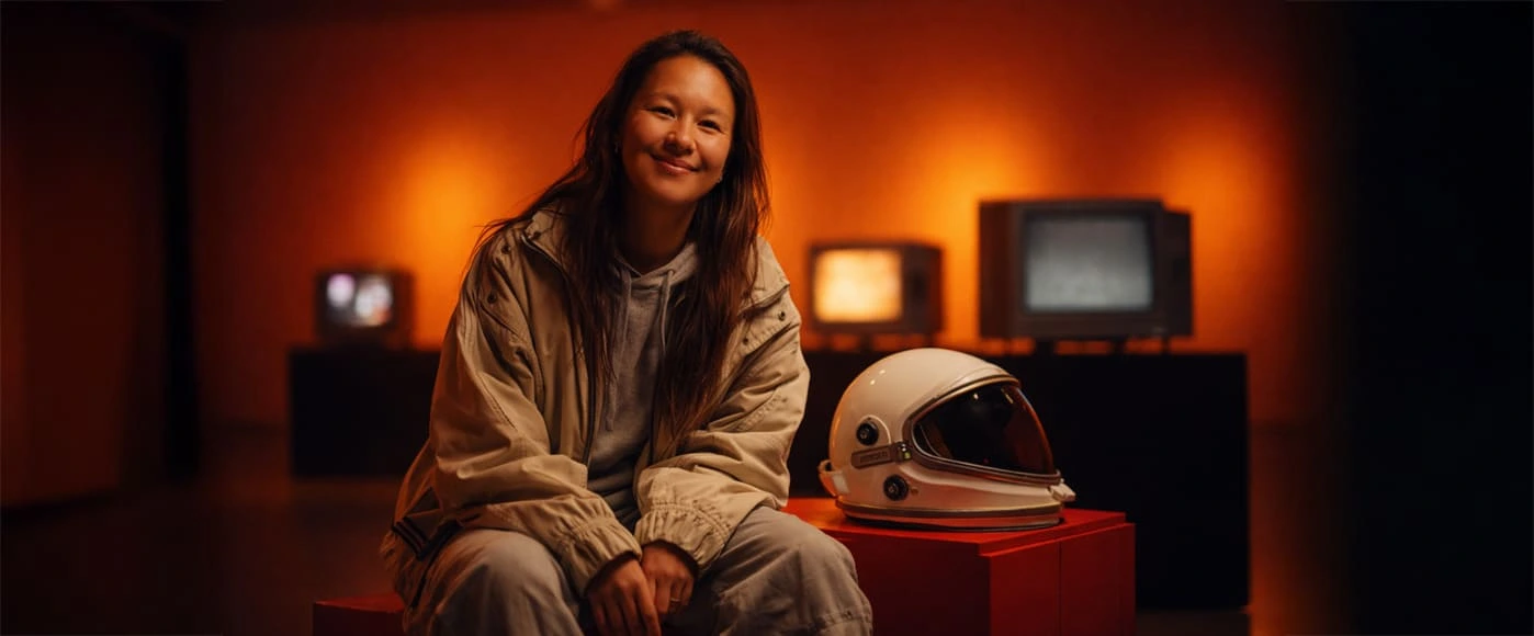 Executive Assistant Tanja wearing an astronaut helmet