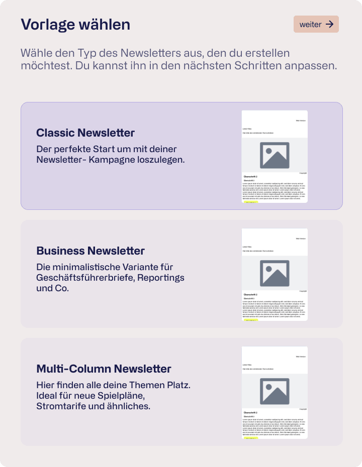 Product screenshot of the starmate user interface: template selection